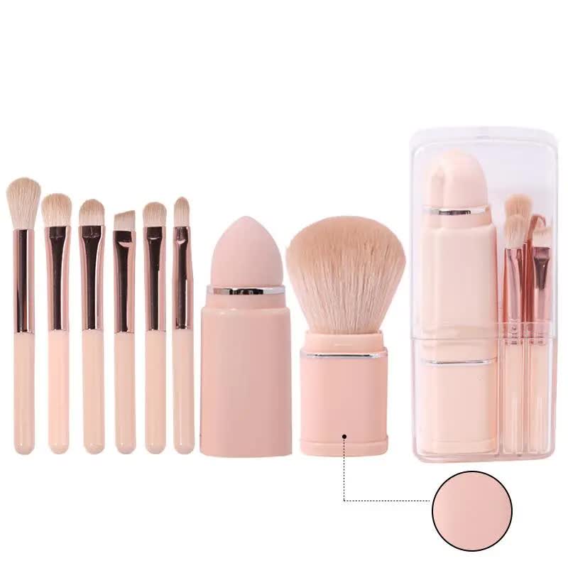 NNEDSZ Pink 8-in-1 Retractable Mini Makeup Brush Set with Protective Cover - Compact Design for Travel and On-the-Go Touchups-0