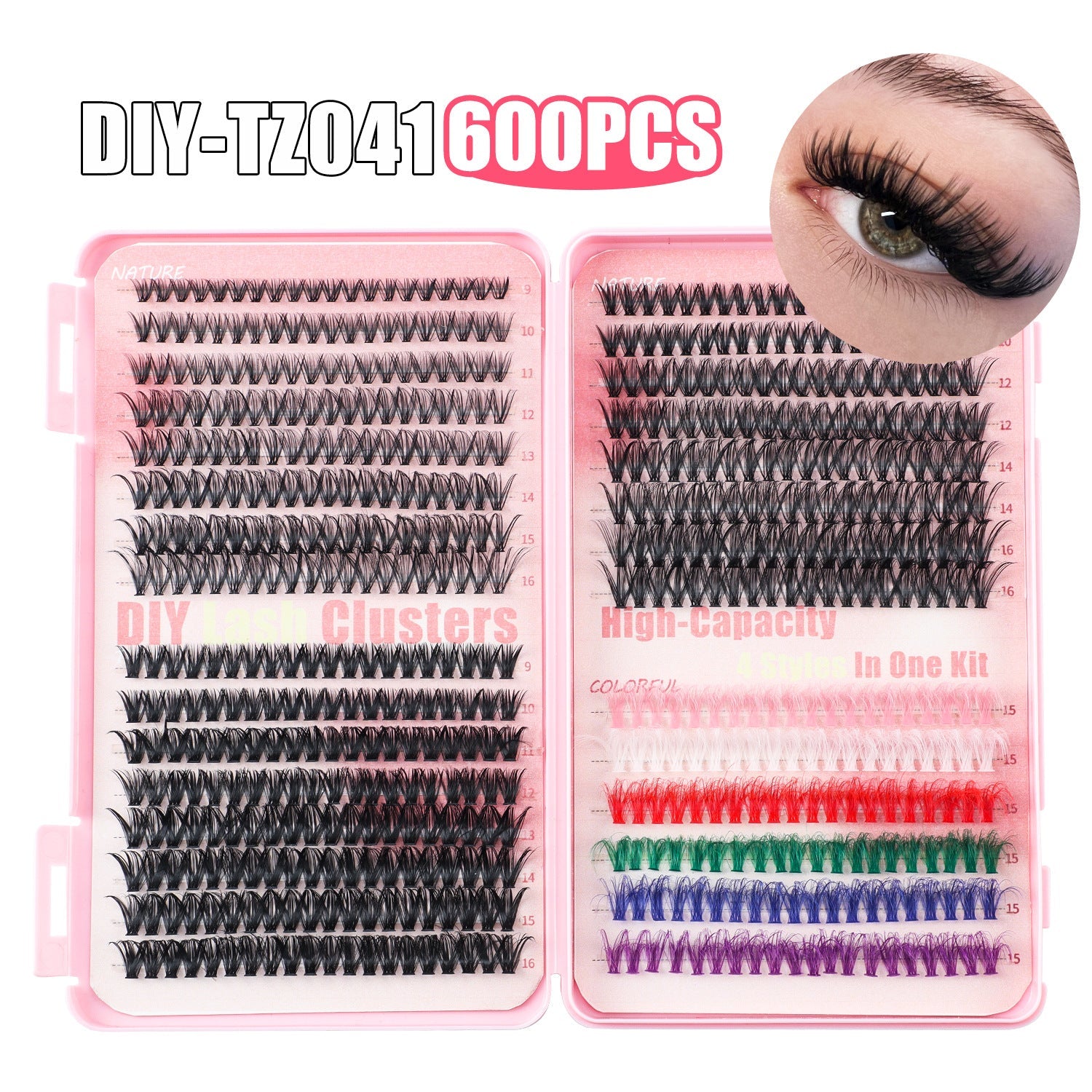 NNEDSZ 600 Eyelashes Set DIY Lash Clusters Kit - High-Capacity 4 Styles with Black and Colorful Lashes-0