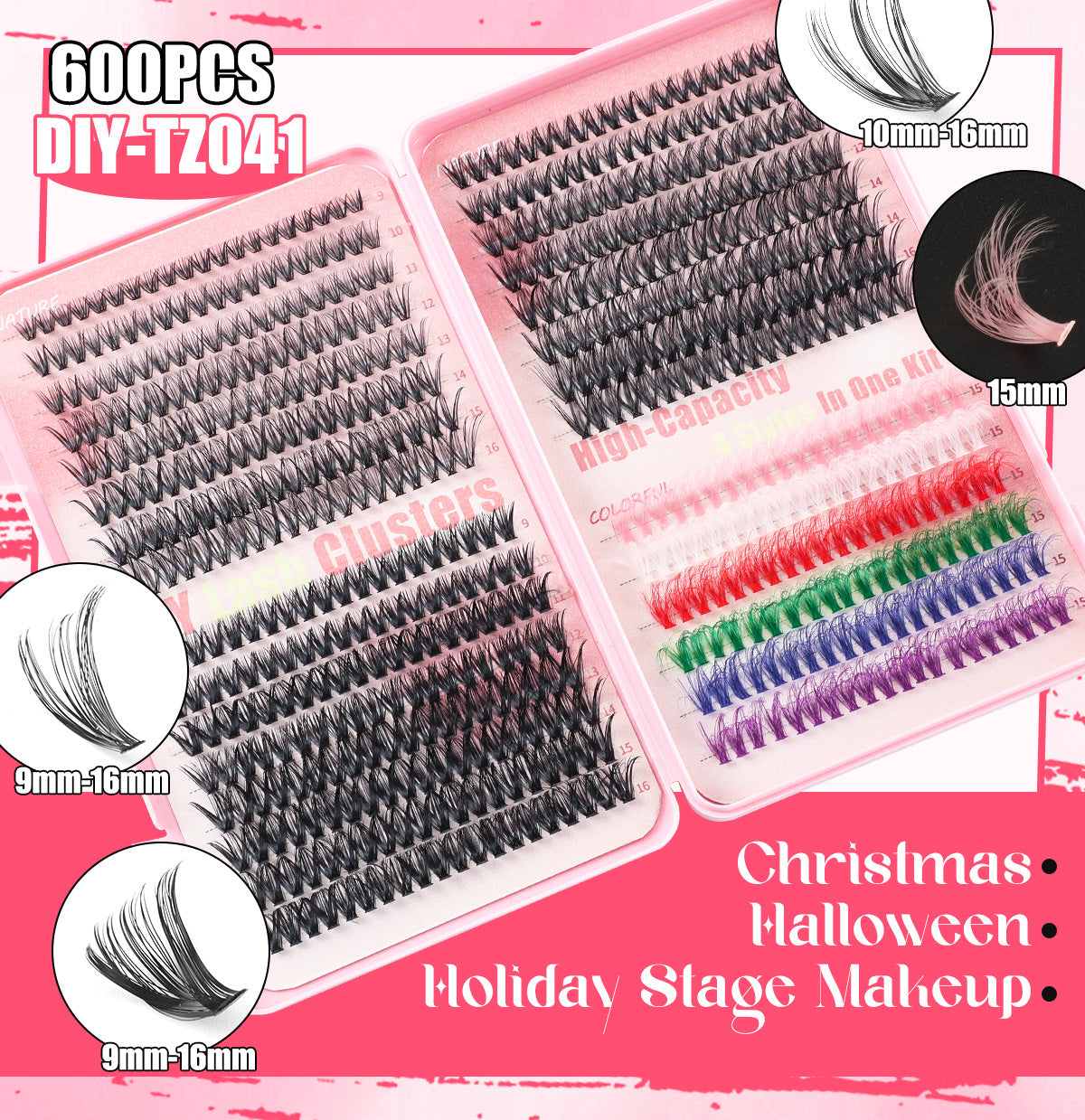 NNEDSZ 600 Eyelashes Set DIY Lash Clusters Kit - High-Capacity 4 Styles with Black and Colorful Lashes-4